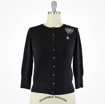 Embroidered Webbed Heart Black Knit Cardigan (Small - 3XL)