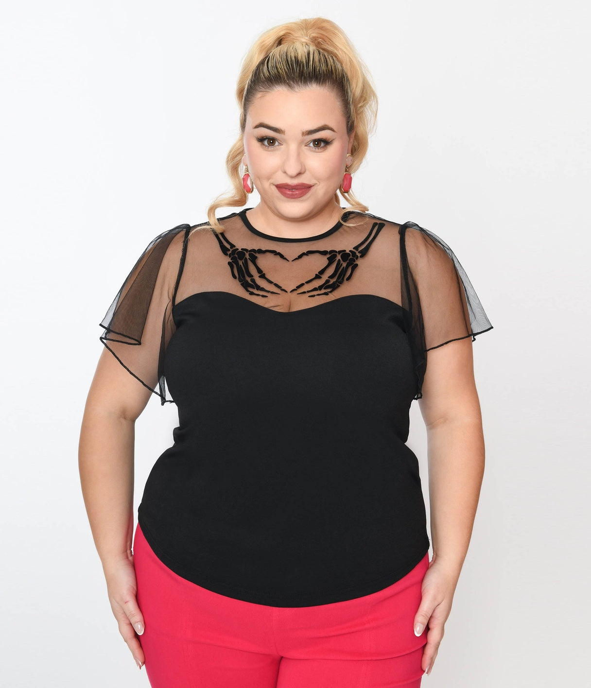 Black Flocked Skeleton Hand Heart Flutter Sleeve Top by Unique Vintage (XS - 5XL)