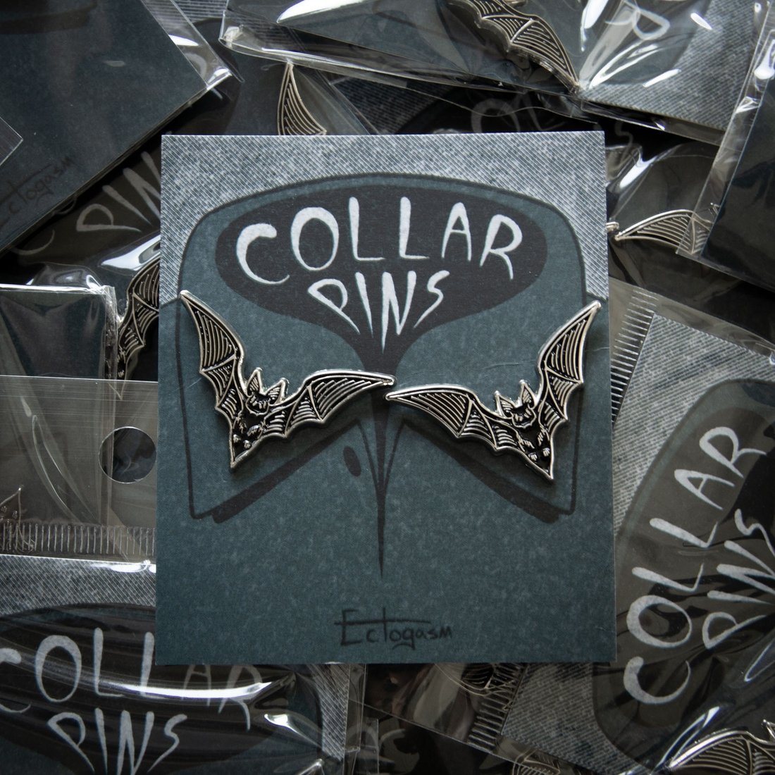 Bat Collar Point Enamel Pin Set of 2 - Black and Silver