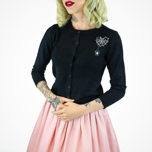 Embroidered Webbed Heart Black Knit Cardigan (Small - 3XL)