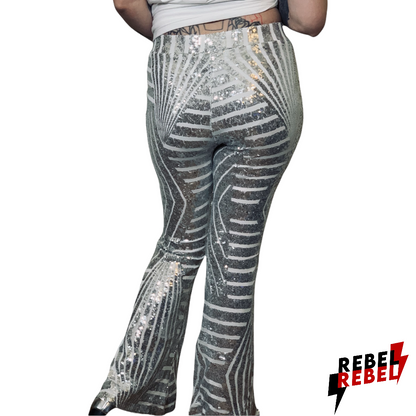 That Glam Life Sequin High Rise Flare Pants in Silver