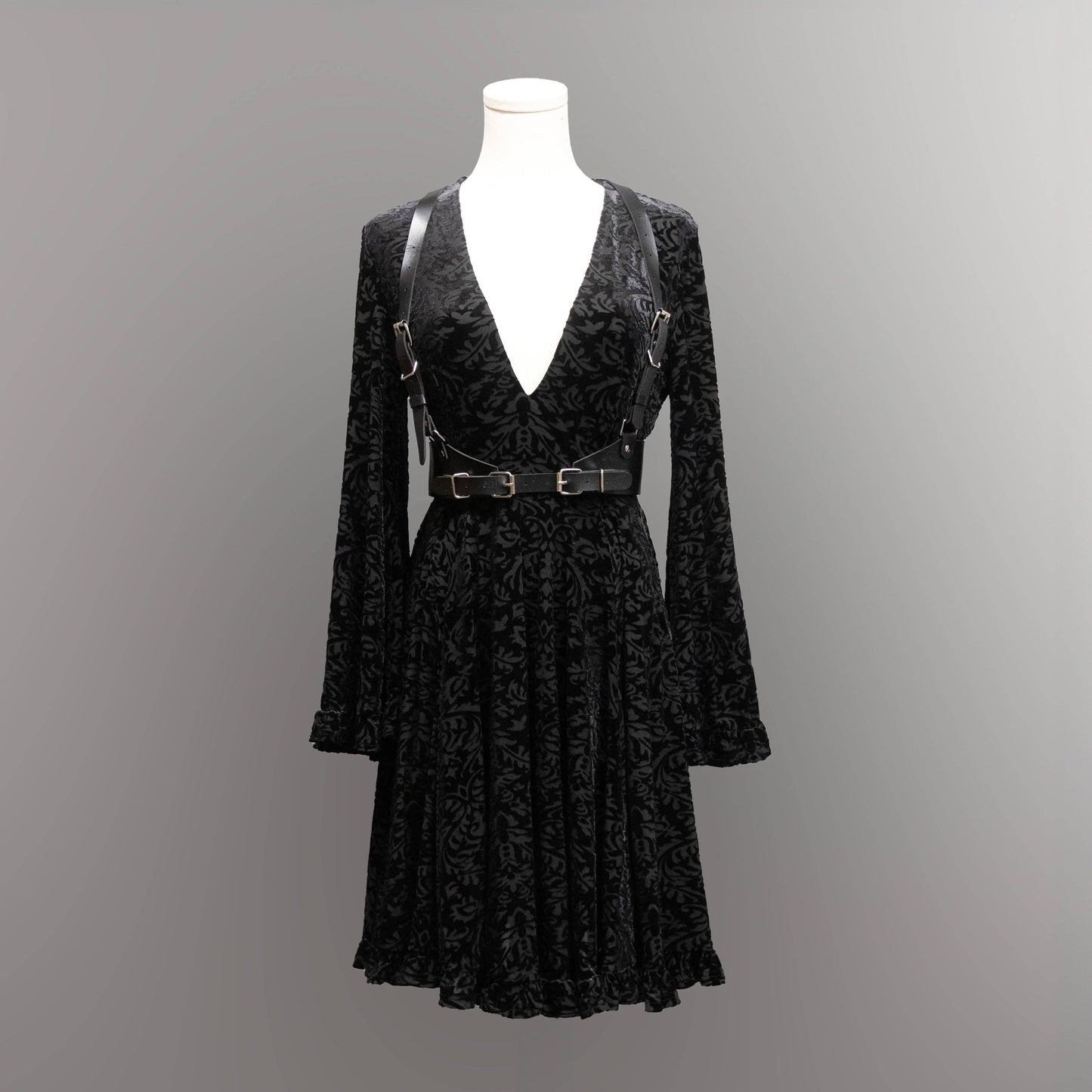 Nyx - Bell Sleeved Velvet Damask Dress w/ Harness (XS - 3XL)