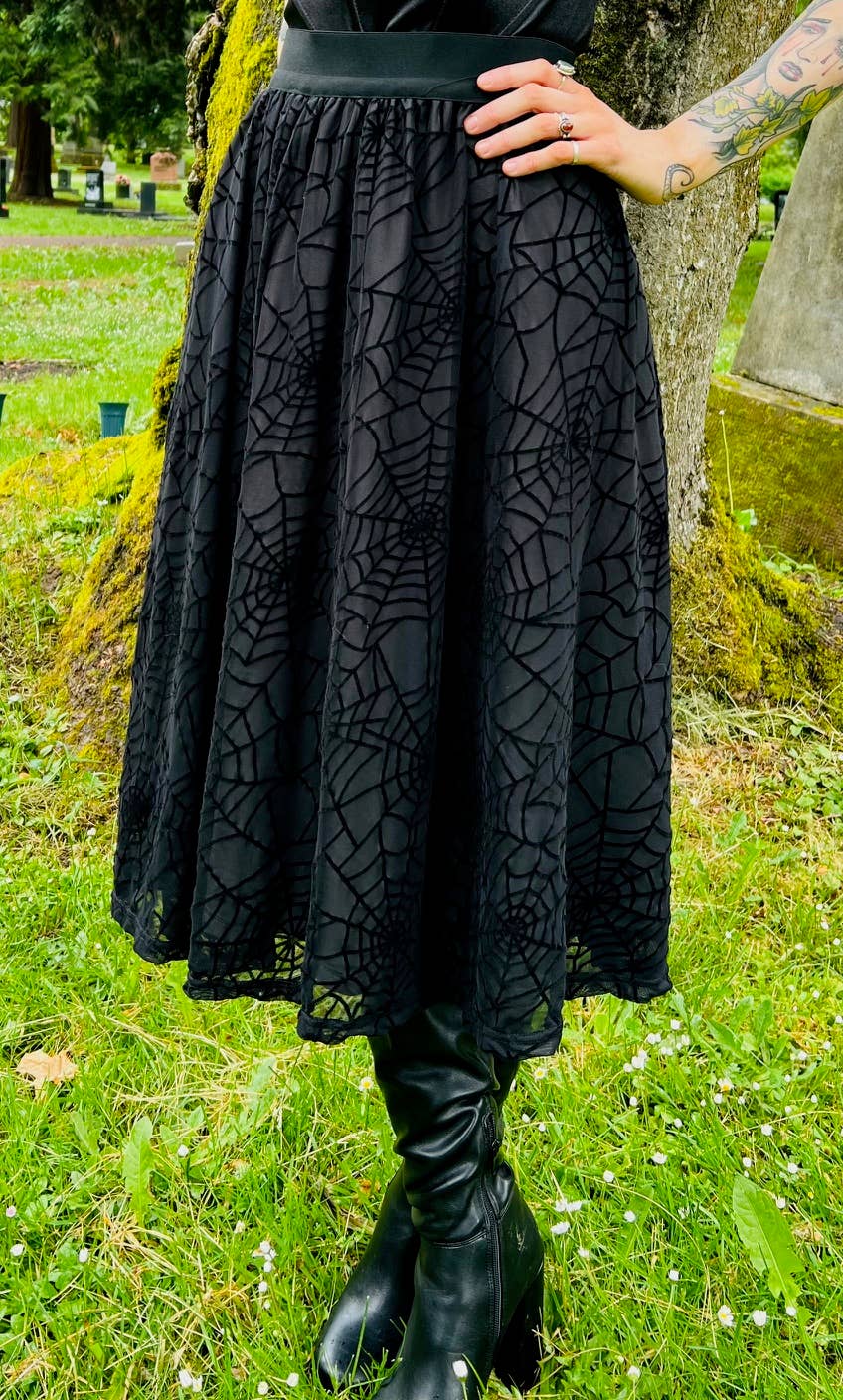 The Aradia Skirt  - Velvet Spider Web Flocked Full Skirt