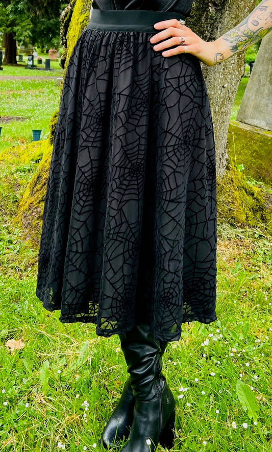 The Aradia Skirt  - Velvet Spider Web Flocked Full Skirt