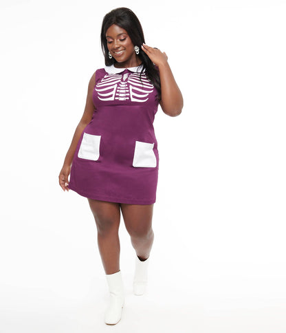 Smak Parlour 1960s Purple & White GLOW Skeleton Power Mini Dress (XS - 4XL)