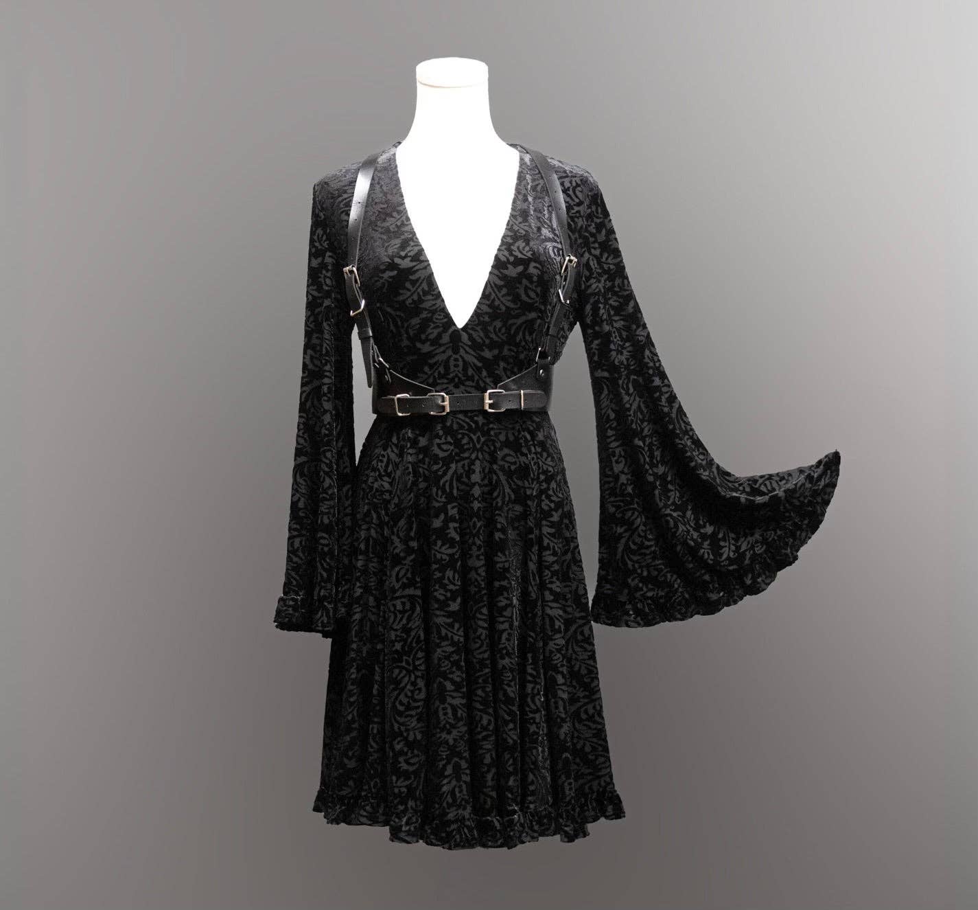 Nyx - Bell Sleeved Velvet Damask Dress w/ Harness (XS - 3XL)