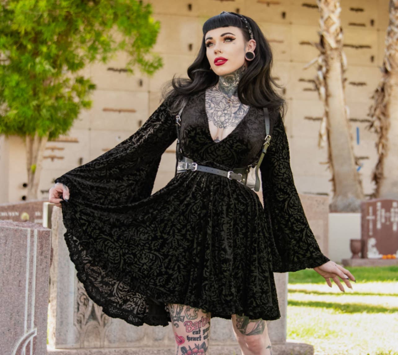 Nyx - Bell Sleeved Velvet Damask Dress w/ Harness (XS - 3XL)