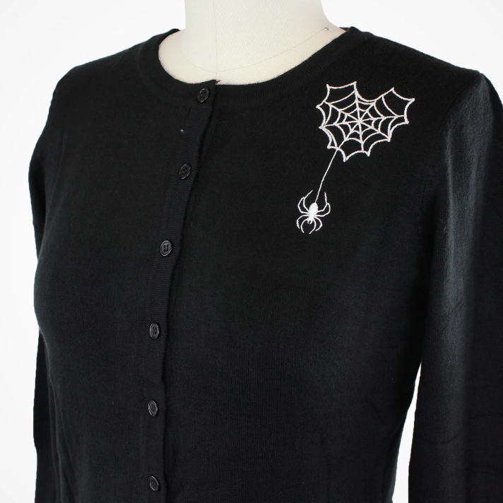 Embroidered Webbed Heart Black Knit Cardigan (Small - 3XL)