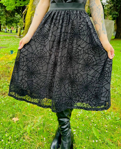 The Aradia Skirt  - Velvet Spider Web Flocked Full Skirt