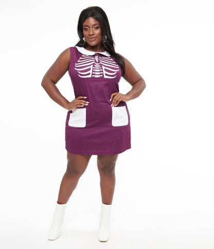 Smak Parlour 1960s Purple & White GLOW Skeleton Power Mini Dress (XS - 4XL)