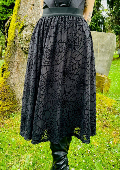 The Aradia Skirt  - Velvet Spider Web Flocked Full Skirt