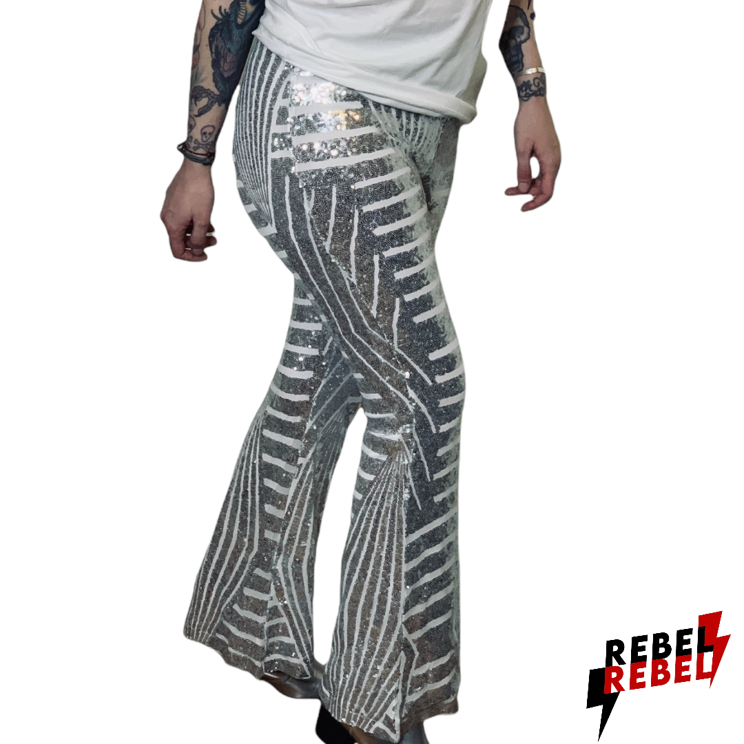 That Glam Life Sequin High Rise Flare Pants in Silver