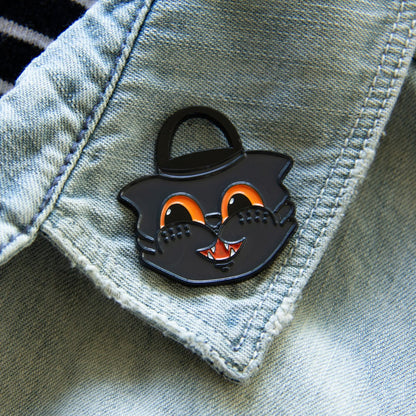 Vintage Halloween Black Cat Trick or Treat Bucket Enamel Pin